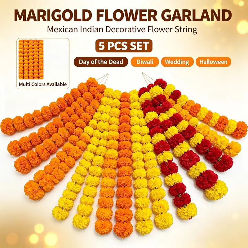 5‑Pack Artificial Marigold Flower Garlands, 1.5M Plastic Flower Strand Decorations, Fake Marigold Garland for Diwali, Day of The Dead, Halloween, Wedding & Festival Home Party Decor