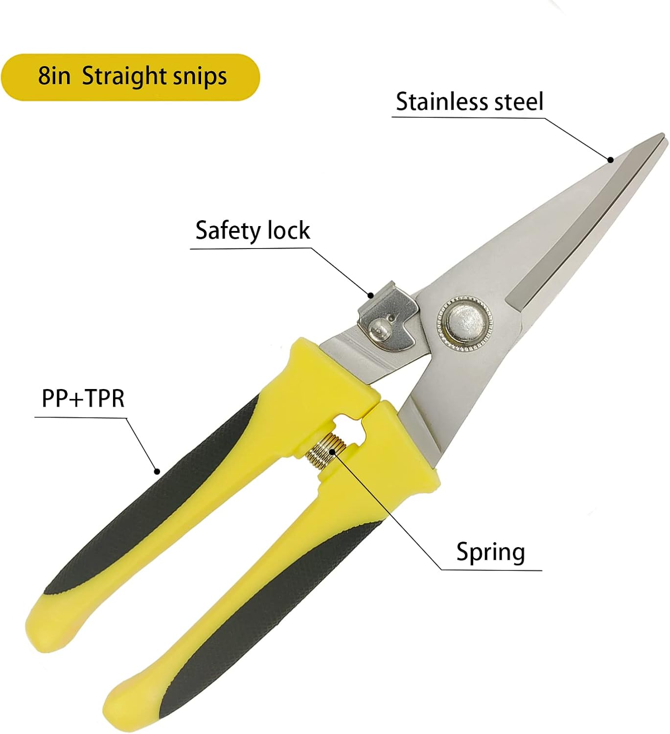 Aviation Tin Snips Heavy Duty Metal Cutter, Straight Shears with Stainless Steel Blade & Comfort Grips, Multifunction Cutting of Branches, Cable Wires, Thin Iron, Cardboard(Right Hand), 8 Inch