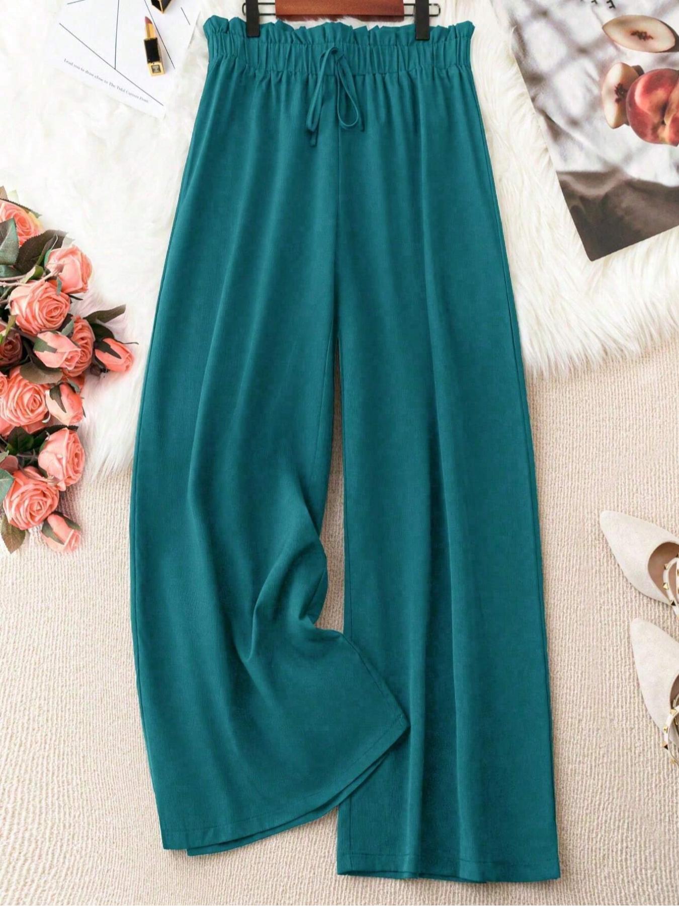 Plus Size Solid Knot Front Elastic Waist Wide Leg Pants, Casual Style Loose Trousers for Everyday Wear, Women's Bottoms for Spring & Summer, Womenswear