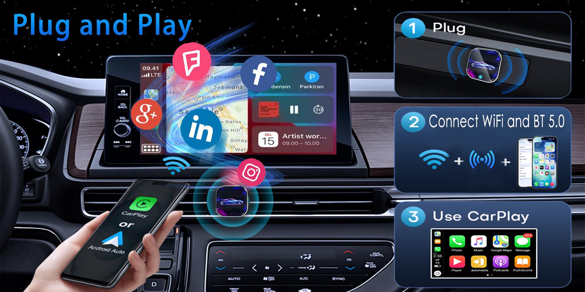Two-In-One Wireless Car Adapter for iPhone Carplay/android, Fast Connection, No Delay, Hands-Free Calling, USB PD Charging
