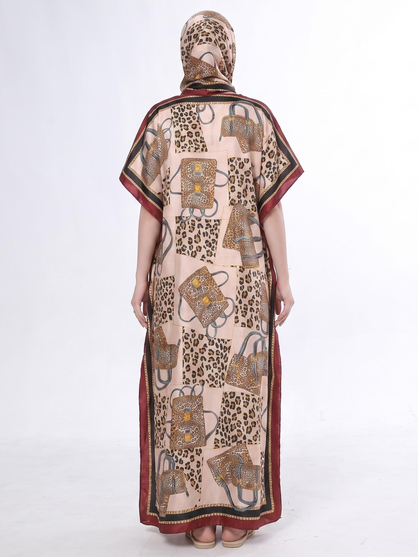 Women's Elegant Dynamic Print Silk-Feel Long Robe & Poncho Kaftan Set, Loose Satin Muslim Islamic Clothing Set Fashion Short Sleeve Maxi Dress & Scarf Two Piece Sets, Lightweight Going Out Outfit Women's Elegant Dynamic Print Silk-Feel Long Robe & Poncho Kaftan Set, Loose Satin Muslim Islamic Clothing Set Fashion Short Sleeve Maxi Dress & Scarf Two Piece Sets, Lightweight Going Out Outfit
