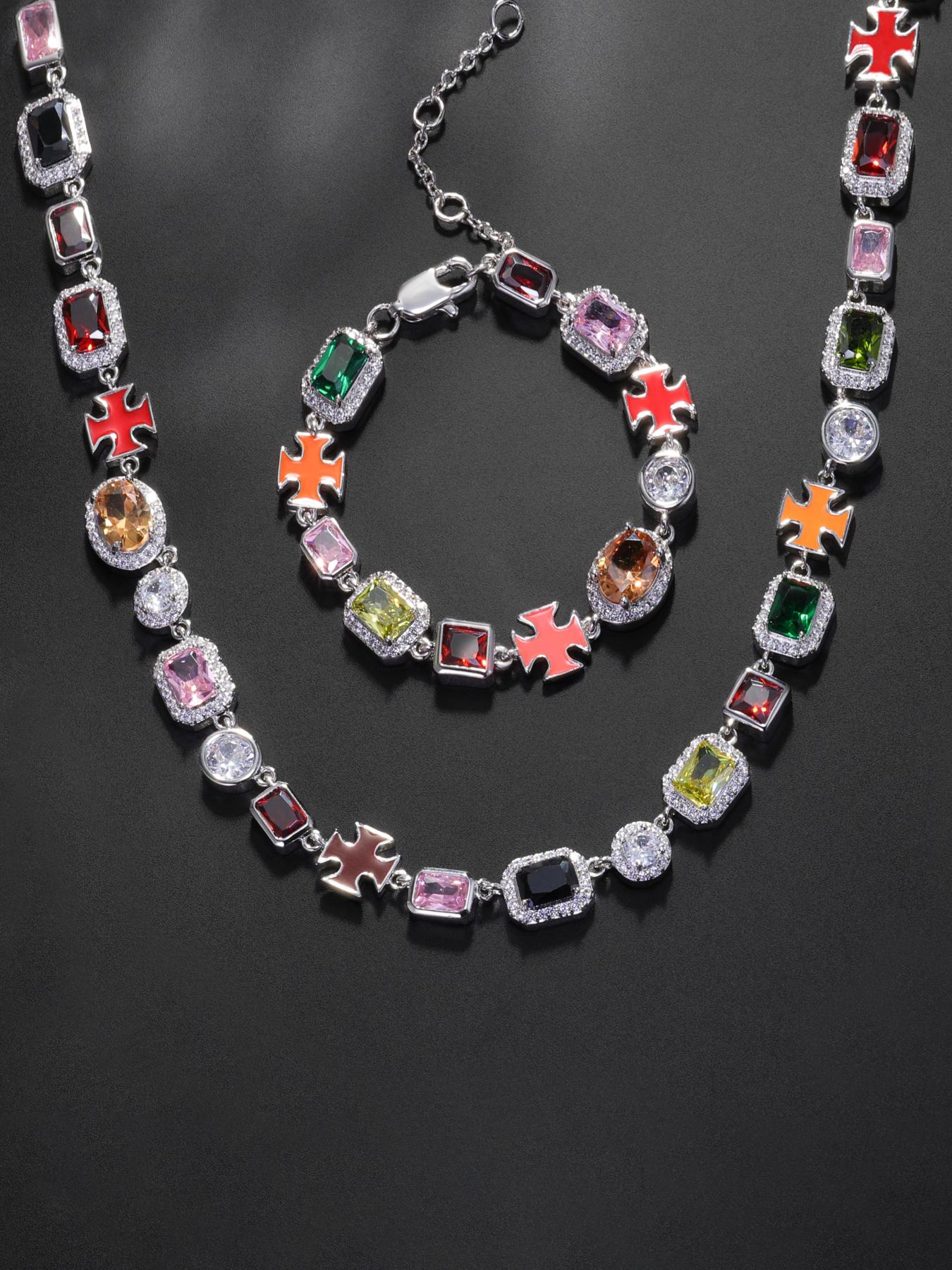 Iced Chics 2pcs/set Necklace Bracelet Set, Zirconia Jewelry Set, Colorful Zircon Cross Drip Pendant, Hip Hop Street Style, Unisex, Perfect Gift, All Seasons