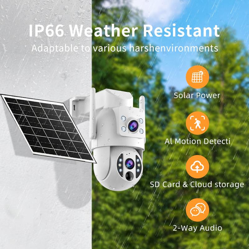 【JOOAN 2K 3MP WiFi Wireless Solar Dual Lens Outdoor 360° PTZ Dual Screen Security Camera】Outdoor/Indoor IP66 Waterproof, Color Night Vision, PIR Human Detection, Two-Way Talk, Auto Tracking, Siren Alarm, SD/Cloud Storage (Optional), Alexa Compatible