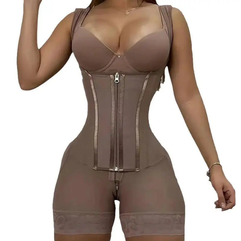 Large mesh strong waist-cinching tummy shaping top, reinforced zipper, crotch crotch one-piece corset
