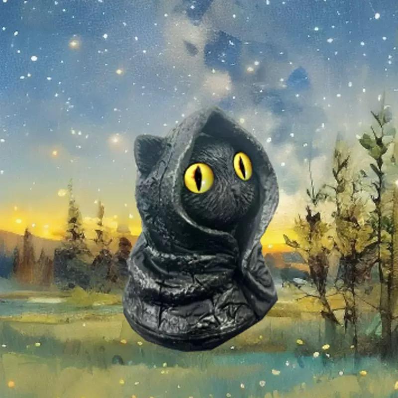 Gothic Cat Statue with Eyes and Celtic Knot Hooded Cloak, Resin Sculpture for Outdoor Decor, Dark Fantasy Garden Ornament