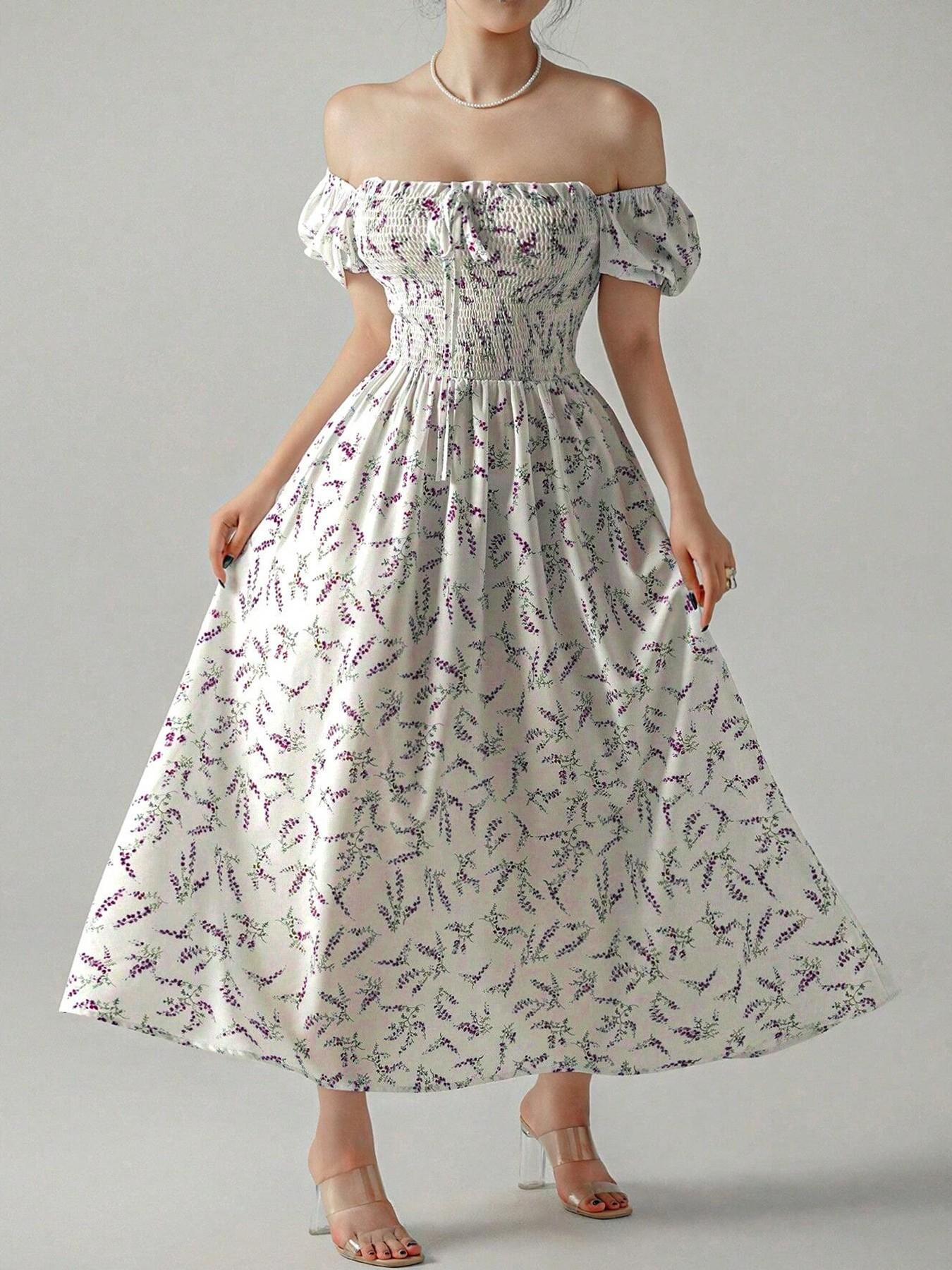 Women's Spring Summer Floral Print Puff Sleeve Dress with Bow Tie, Elegant Fitted Design with Adjustable Square Neck, Long Princess Skirt Womenswear