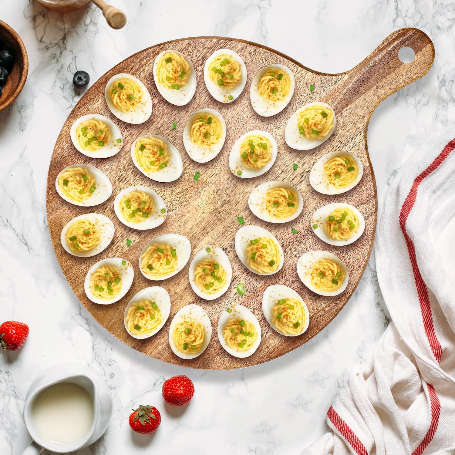 Deviled Egg Platter Wooden Deviled Egg Tray Reversible 24 Holes Round Egg Holder Container Charcuterie Board for Kitchen Countertops Serving Tray