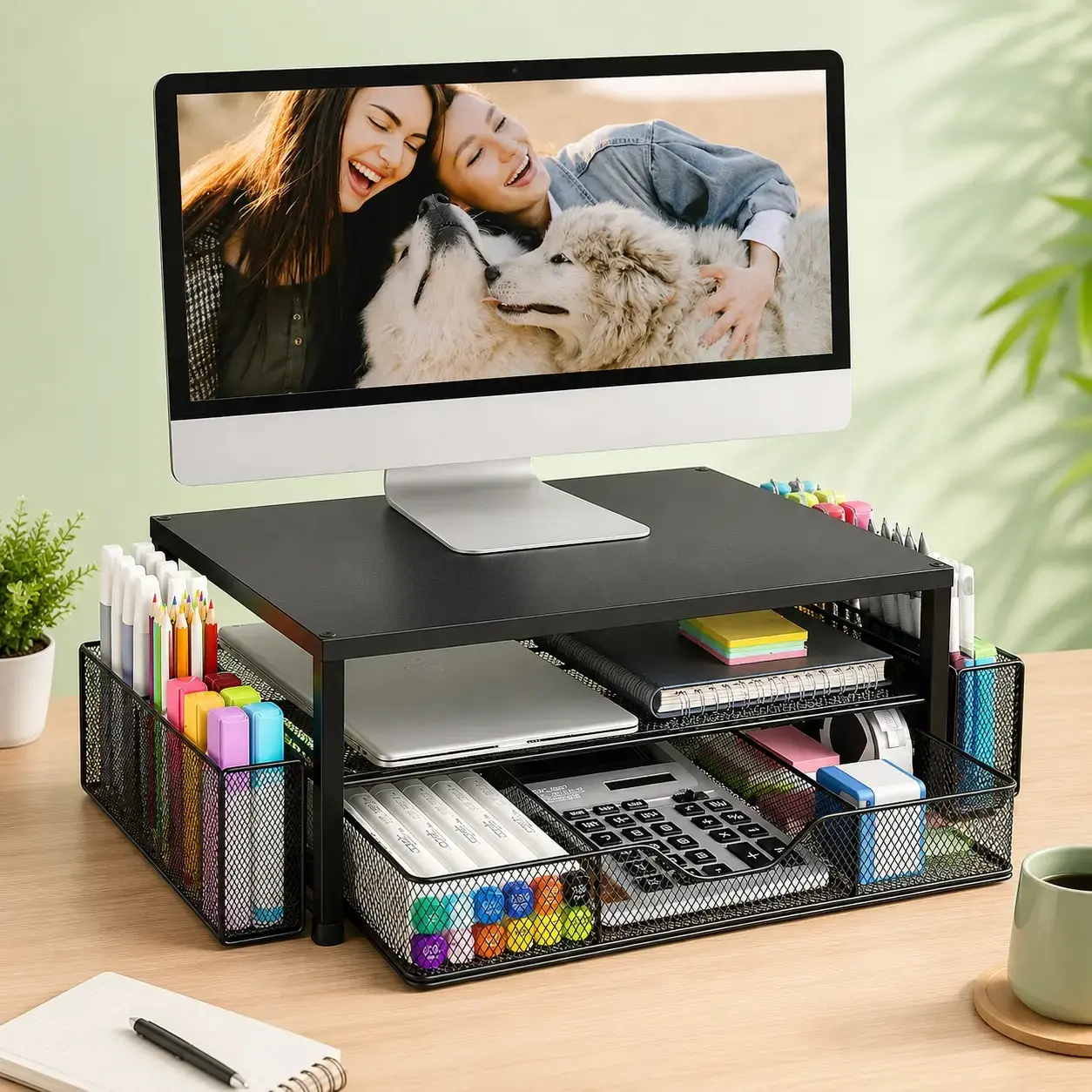 Modern Black Perforated Steel 2-Tier Monitor-Laptop Stand Riser with Drawer+Holders, 2 Pen Holders, Workspace Storage for Home Office Desktop Organization & Screen Elevation