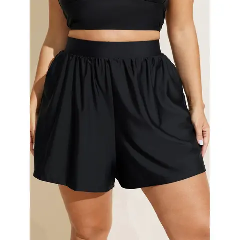 BloomChic High Waisted Pockets Solid Pleated Swim Shorts 【M-6XL】