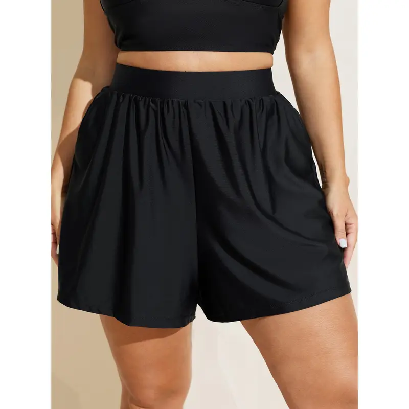 BloomChic High Waisted Pockets Solid Pleated Swim Shorts 【M-6XL】