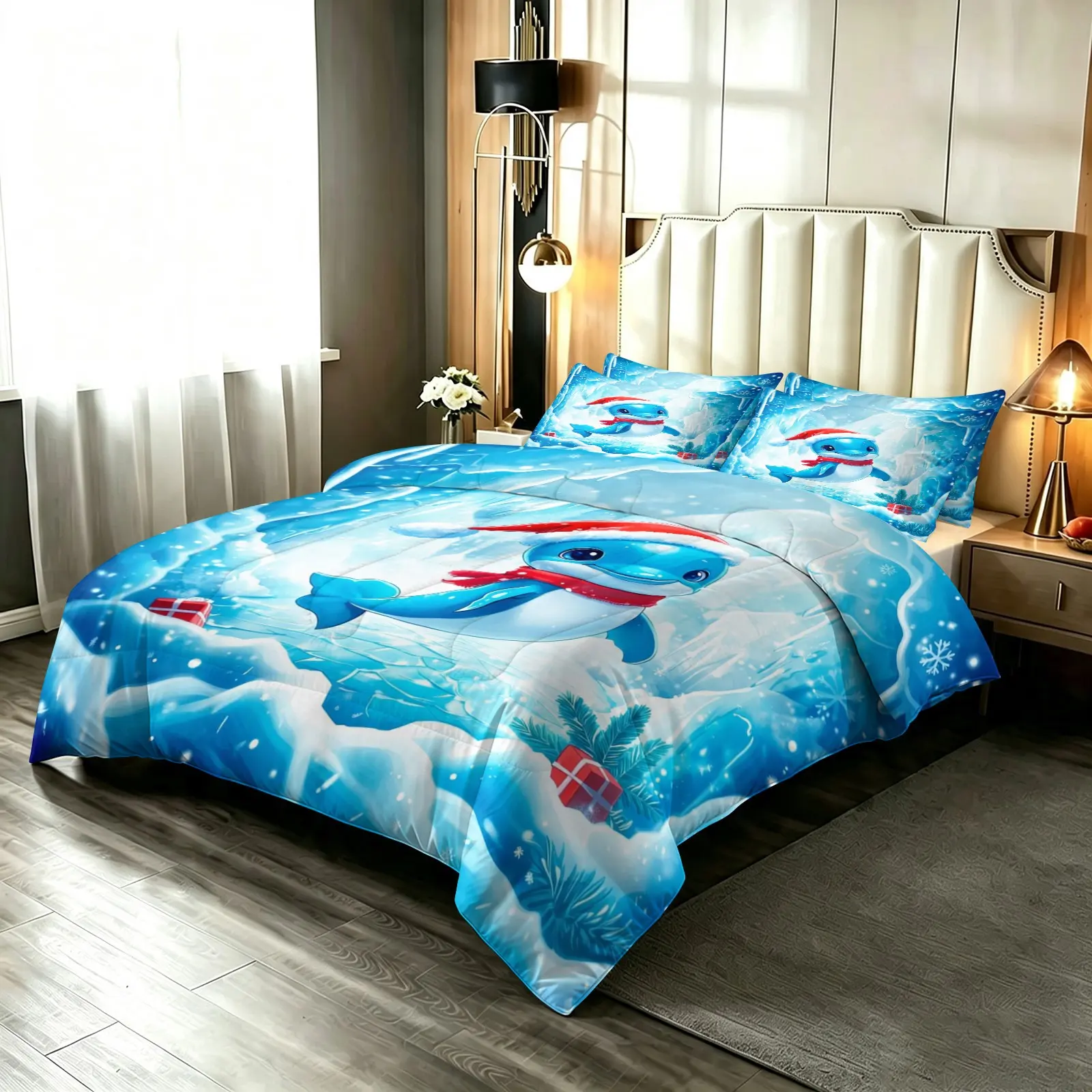 3-Piece Dolphin Pattern Quilt Set, Soft and Comfortable, Includes 1 Blanket and 2 Pillowcases, Ideal for Bedroom and All Seasons