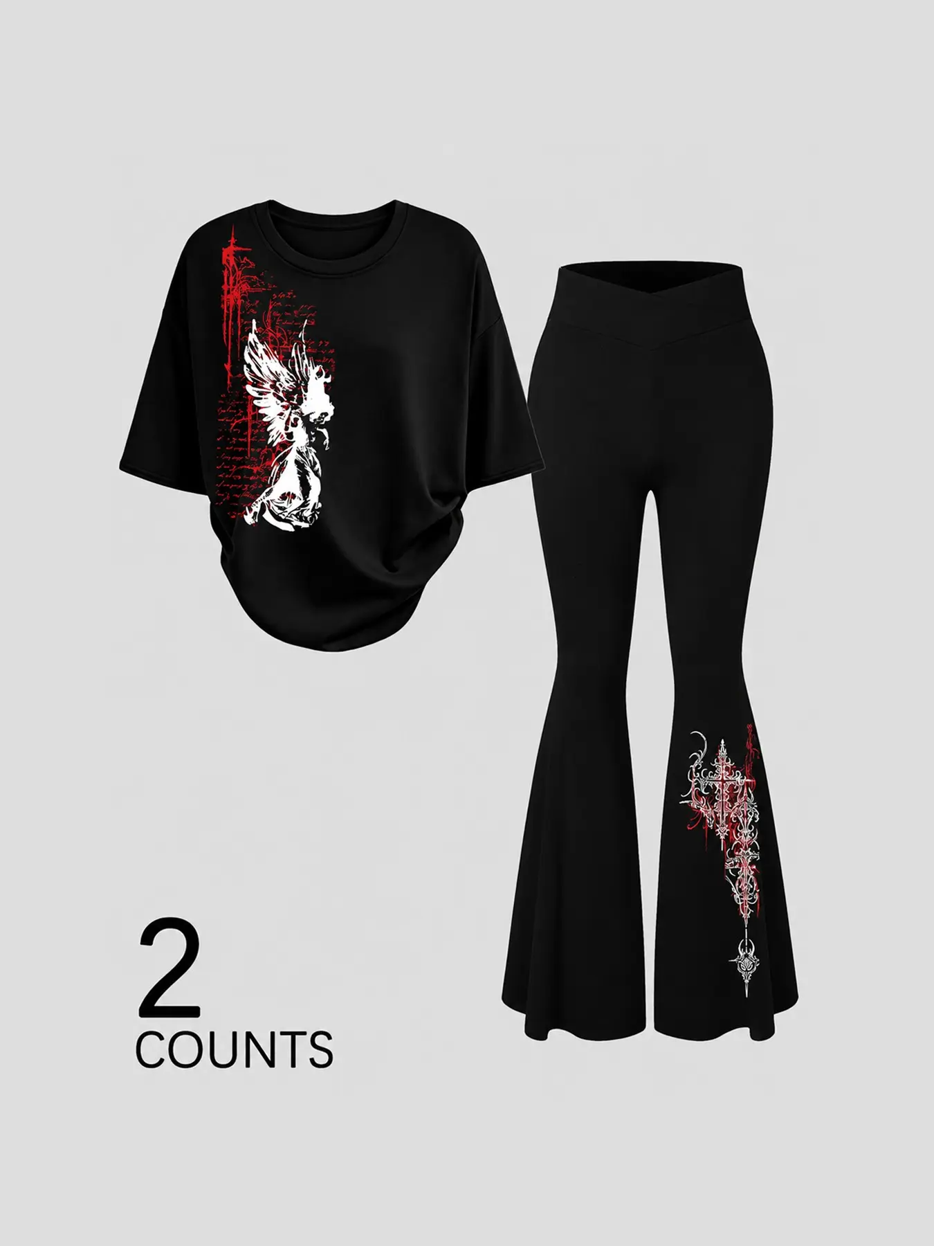 Women's Gothic Angel Print Slim Fit Two-Piece Set, Bell Bottom Pants & Short Sleeve T-Shirt, Y2K Dark Aesthetic, Casual Summer Fashion