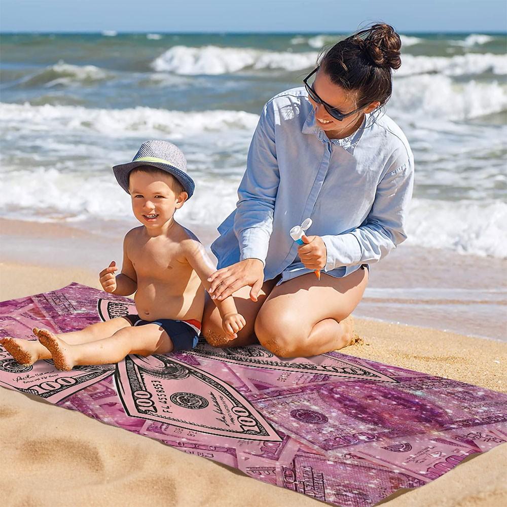 Printed Microfiber Beach Towel - Luxury Pink Dollar Bow Aesthetic Beach Towel - Soft & Absorbent Digital Print Microfiber Bath Towel for Pool, Travel, Yoga, and Vacation - Lightweight Multipurpose Oversized Towel for Summer Beach Days and Home Decor.