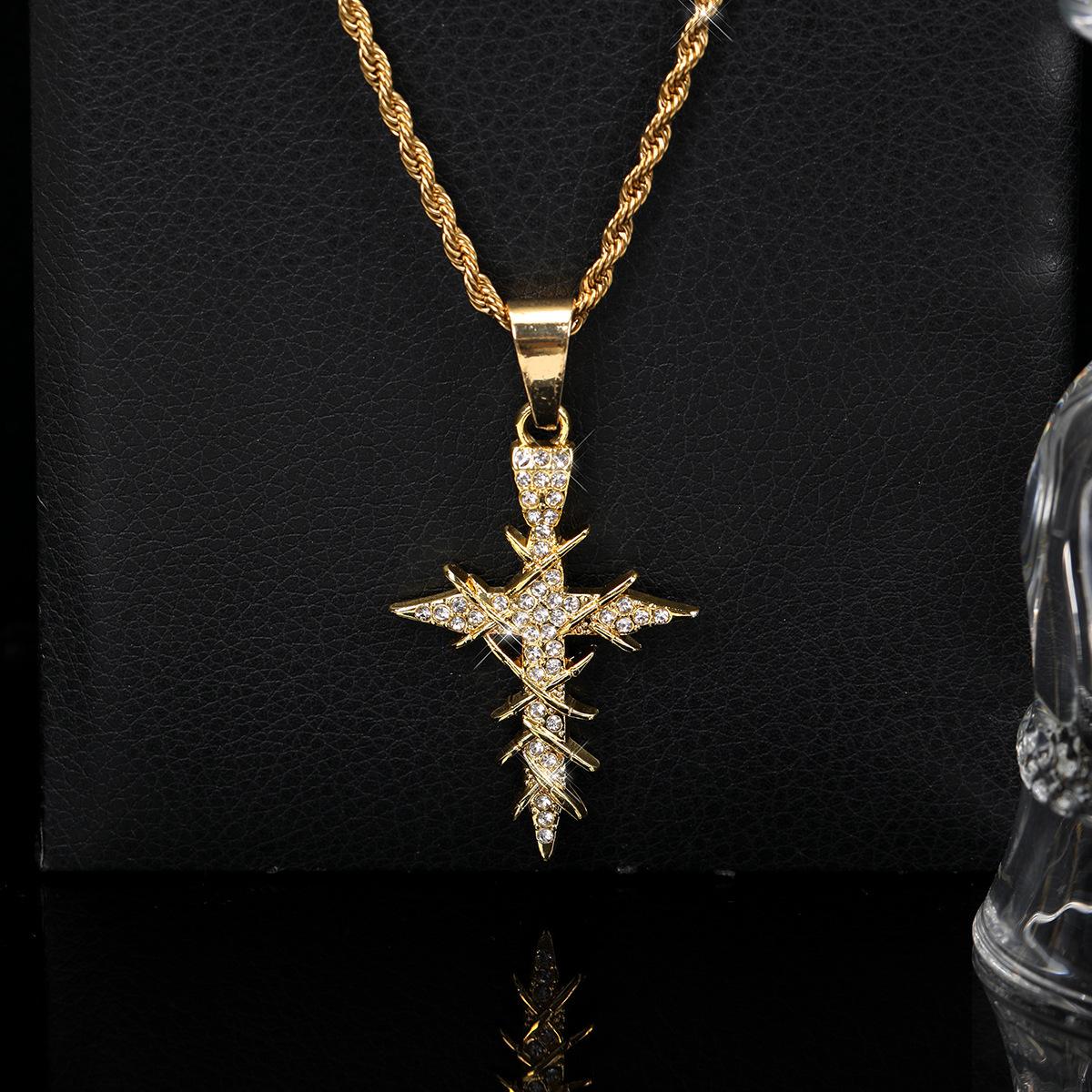 Popular hip-hop style dynamic and sparkling cross pendant necklace with twisted chain, simple alloy design