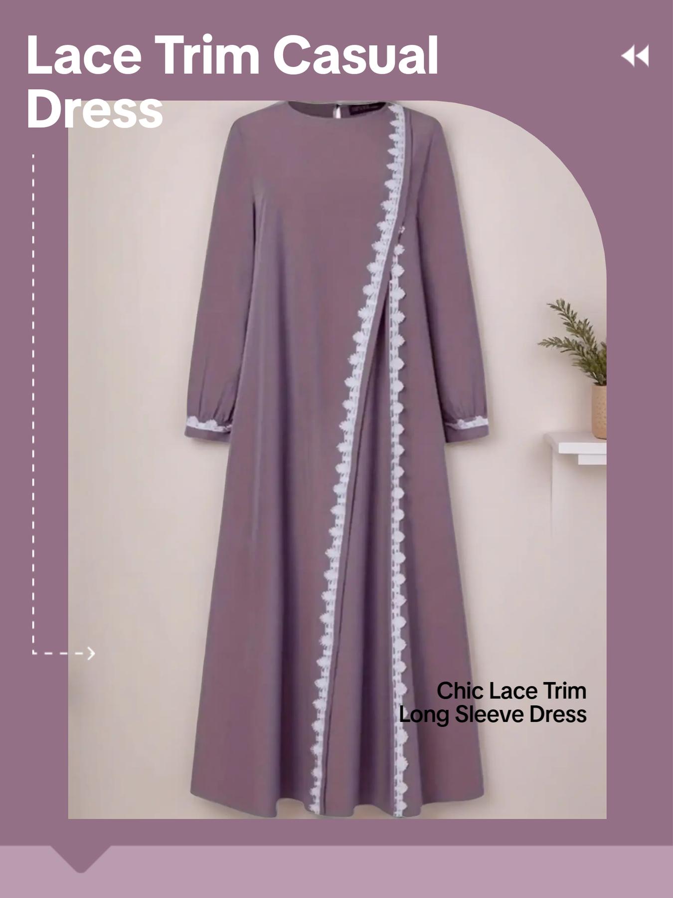 Women's Fashion Long Sleeve Round Neck Solid Color Modesty Casual Tunic Dress, Long Sleeve Dresses, Elegant Lace Trim Robe Style, Perfect for Daily Wear & Special Occasions, Muslim Women Gowns, Muslim Outfits