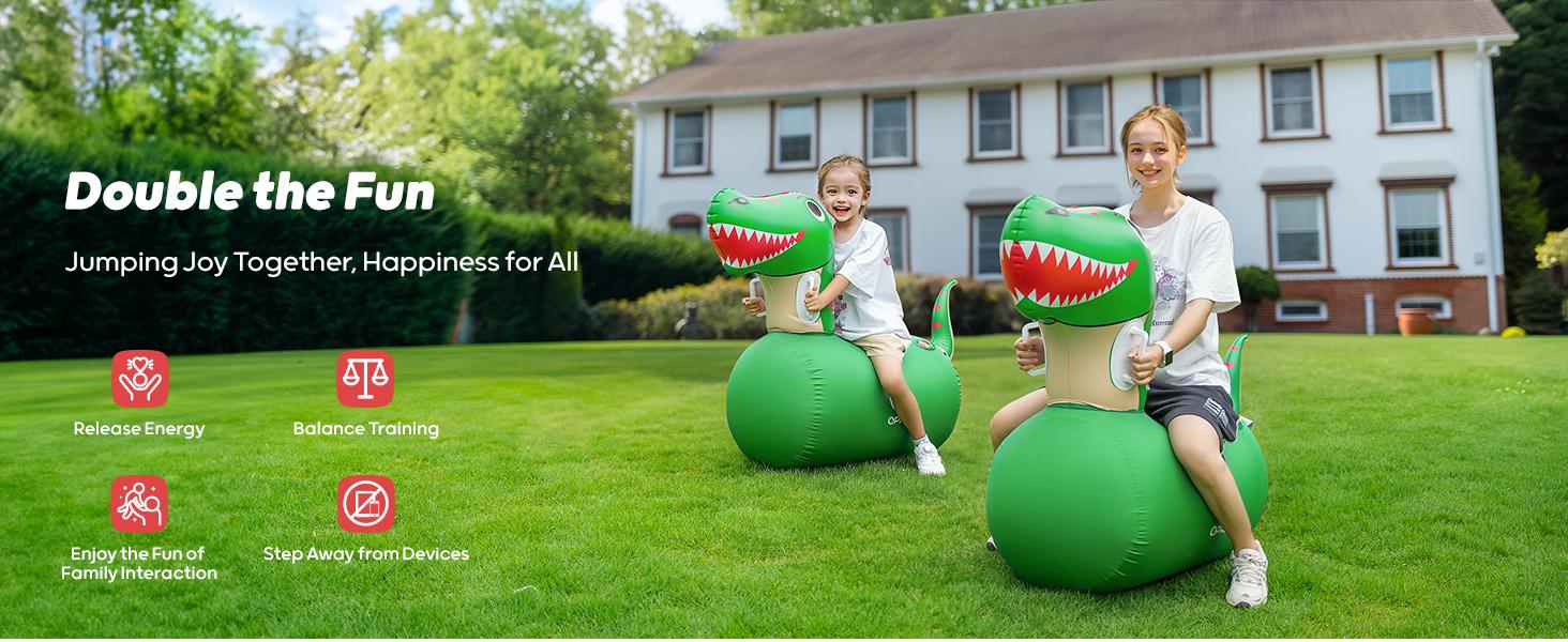 QPAU 1/2 PCS Bouncy Animal Hopper Toys (Dinosaur, Reindeer, Bull & Cute Dino) - Medium for 2+, Large for 5+, Inflatable Ride-On Jumping Bouncer, Indoor & Outdoor Energy Release Toy for Kids Boys Girls