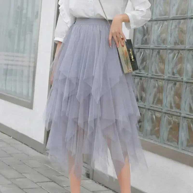 New Fairycore Lady Fashionable Sexy Solid Color Mesh Skirt Irregular Elastic Tulle Bubble Skirt Daily Life Vacation Party Basics