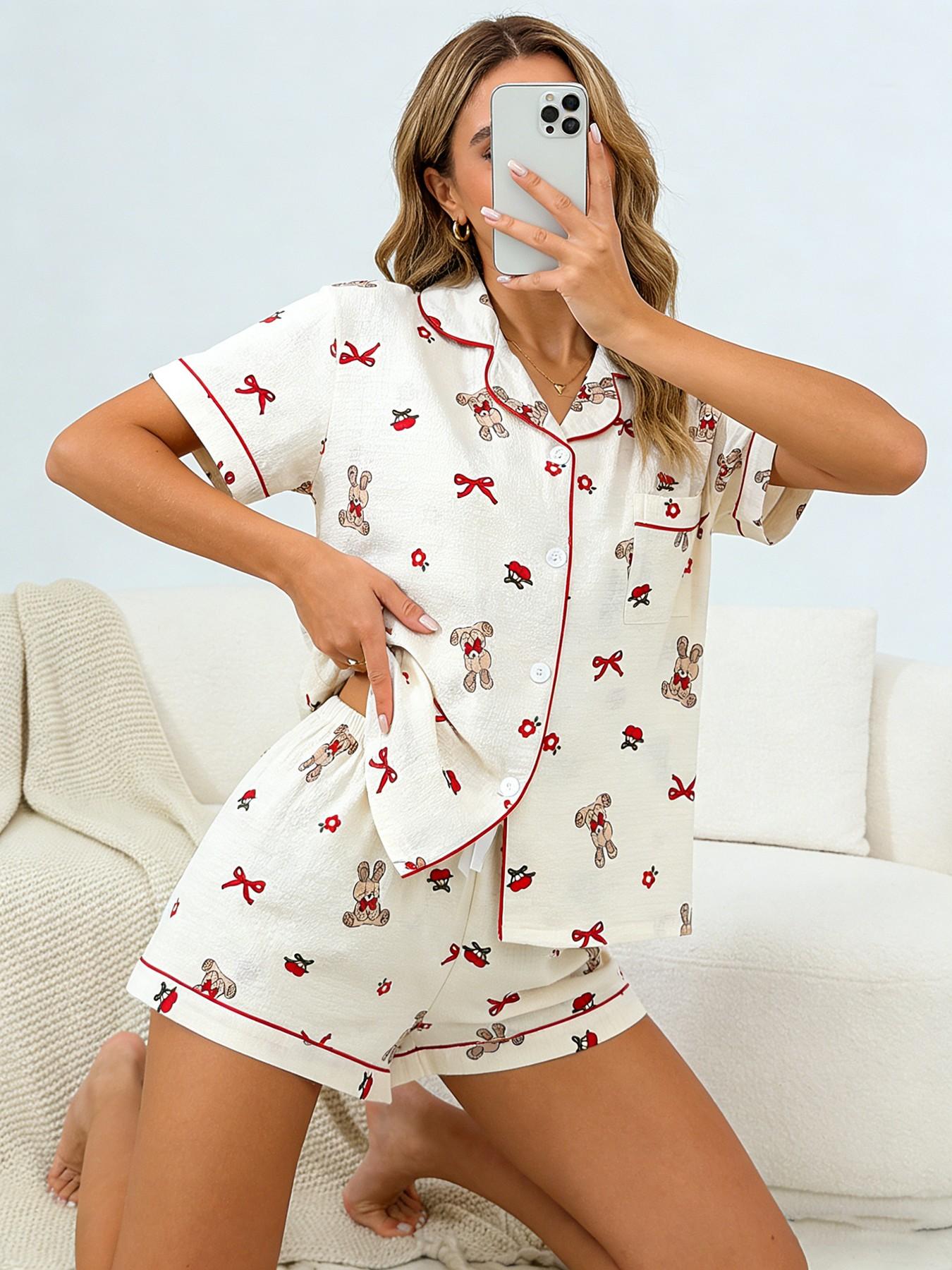 Women's Short Sleeve Button Down Top and Shorts Pajama Set, Spring Summer Wear, For Japanese Kawaii Sweet Girls, Cream Base Cute Bunny Bow & Floral Print, Classic Lapel Collar With Contrast Red Piping, Loose Fit, Comfortable For Home & Going Out