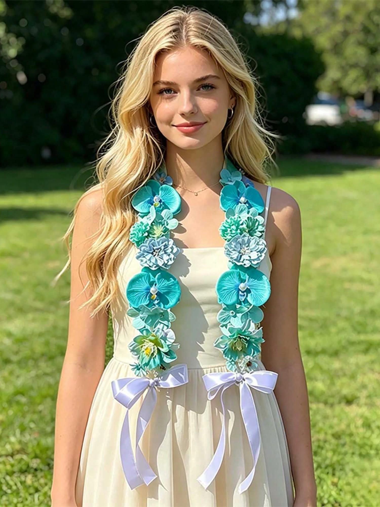 Faux Flower Hanging Neck Ceremony Lei, Hawaiian Tropical Orchid, Mixed Artificial Flowers, Wedding Party Photo Prop, Decorative Summer Vibe Accessory