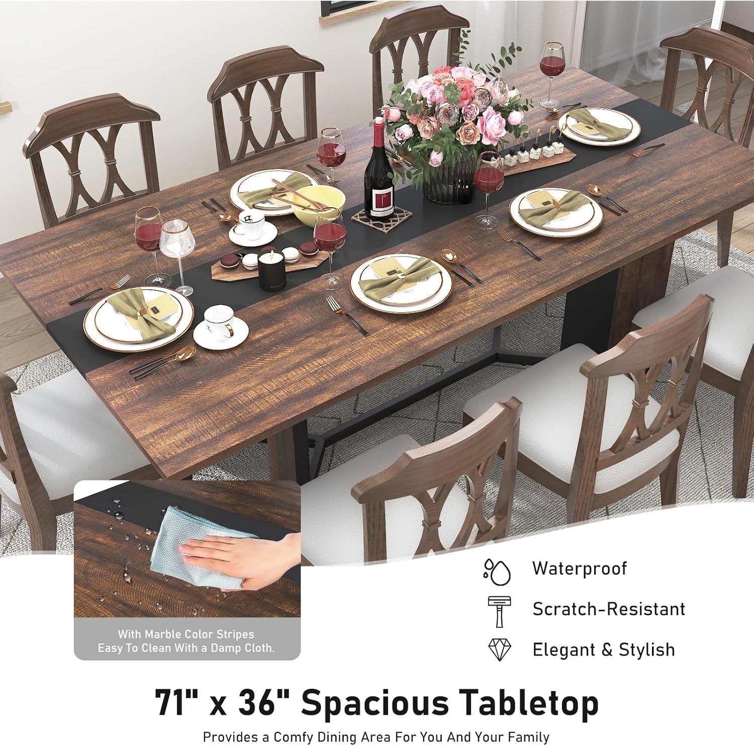 71In Large Rectangular Brown Dining Table for 4 5 6 7 8 People w/35 Marble-Color Wood Watrproof Tabletop,Adjustable Leg.6ft Luxurious Family Dinner Table for Office Kitchen Living Room, (white/Brown)