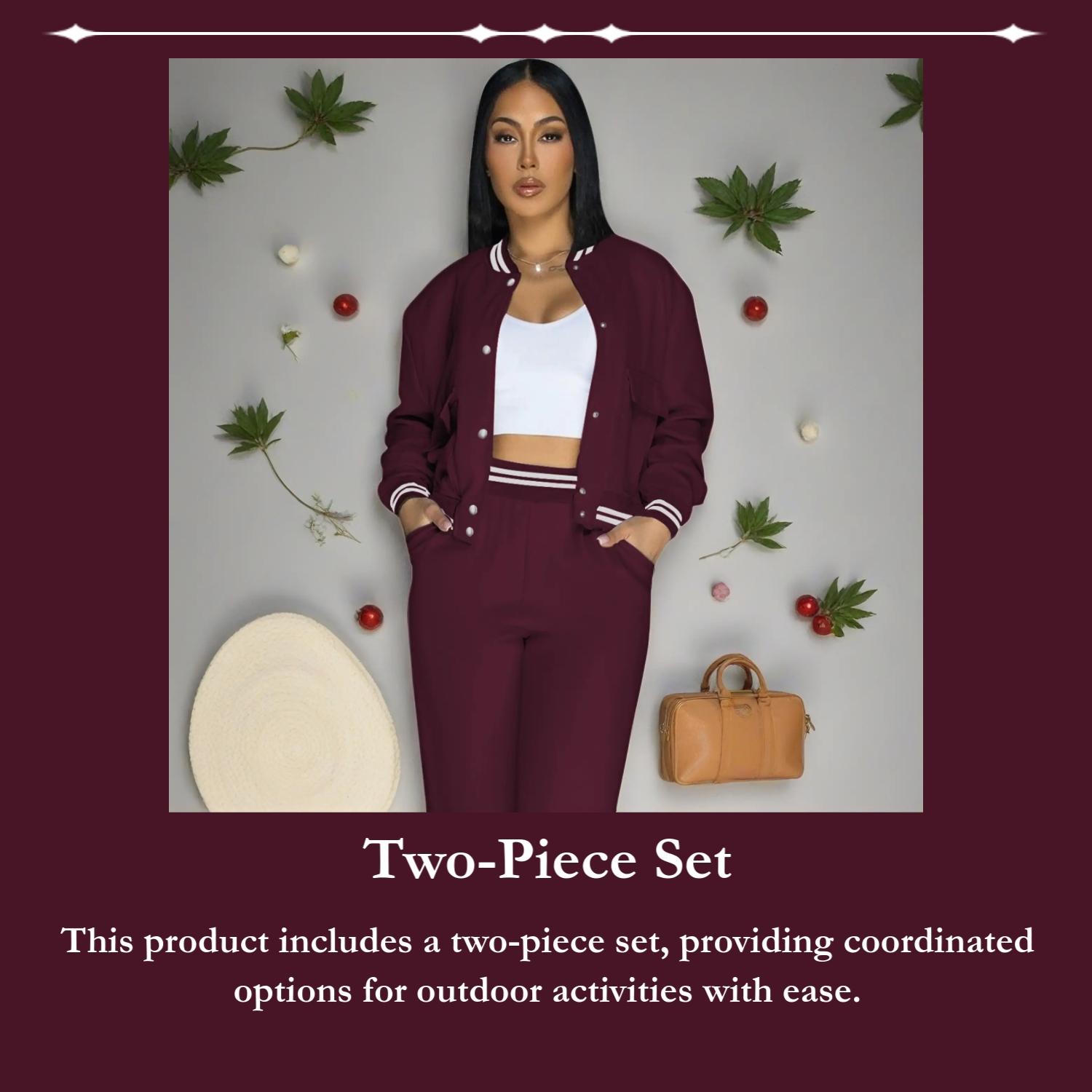 2026 Spring Casual 2 Piece Tracksuit for Women, Button Front Striped Trim Baseball Jacket and Wide Leg Pants Lounge Set Women's 2 Piece Outfit Varsity Tracksuit - Casual Button Down Baseball Bomber Jacket and High Waist Wide Leg Pants Set with Striped Tri