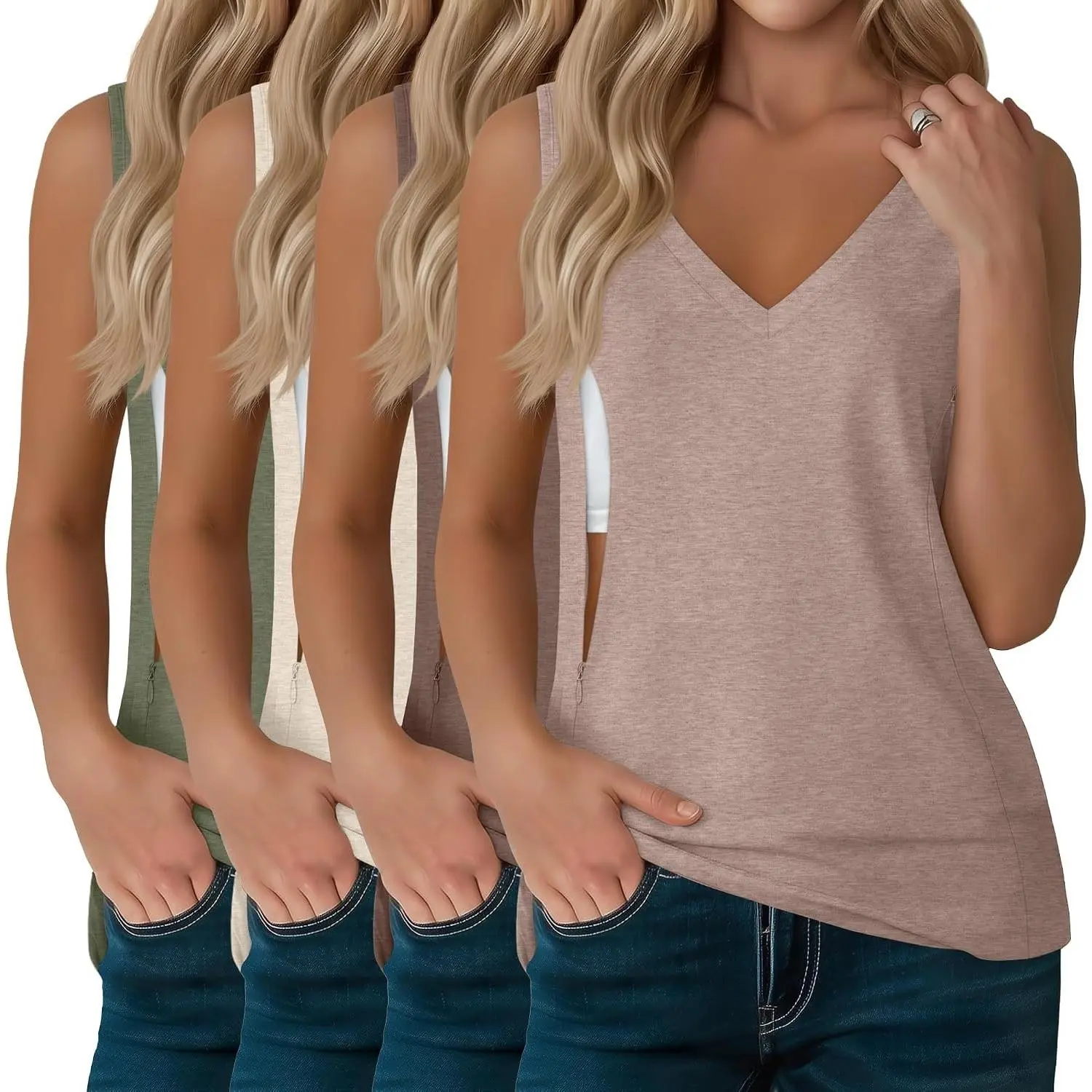 4 Pack Womens Nursing Tank Tops | Breastfeeding, Hidden Zipper, V Neck, Sleeveless, Loose, Maternity, Postpartum, Summer, Sleep, Workdays