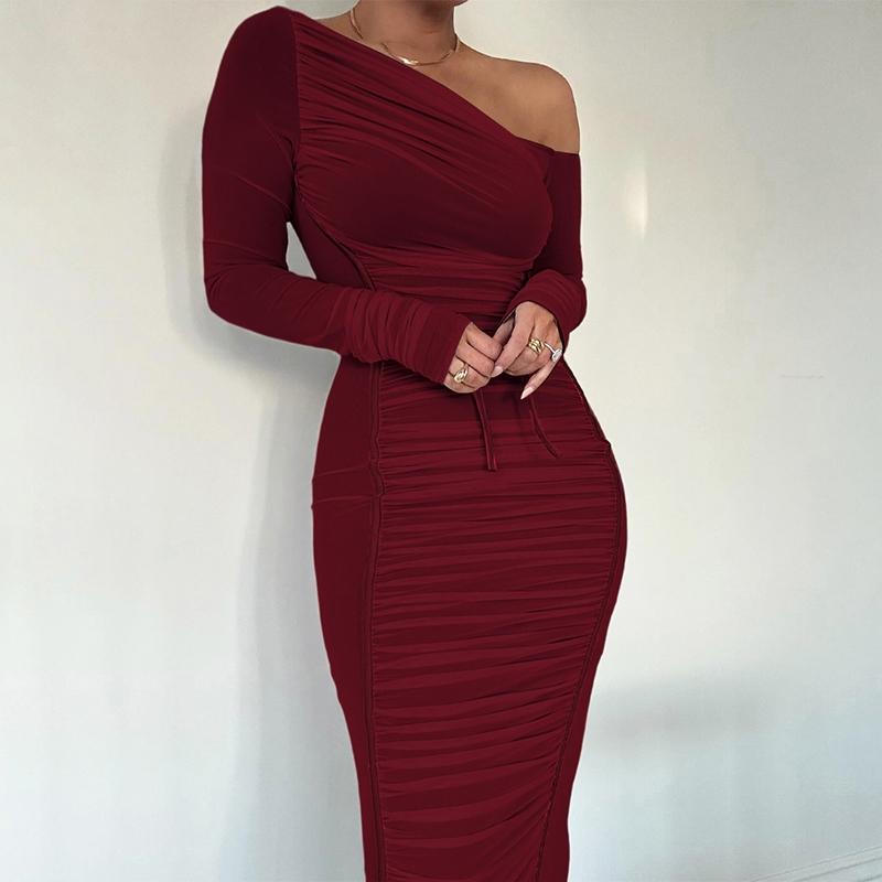 Women's Striped Ruched Asymmetrical Neck Bodycon Dress, Elegant Long Sleeve Dress for Parties, Clubs and Dates, Women's Clothing for Spring & Fall, Womenswear