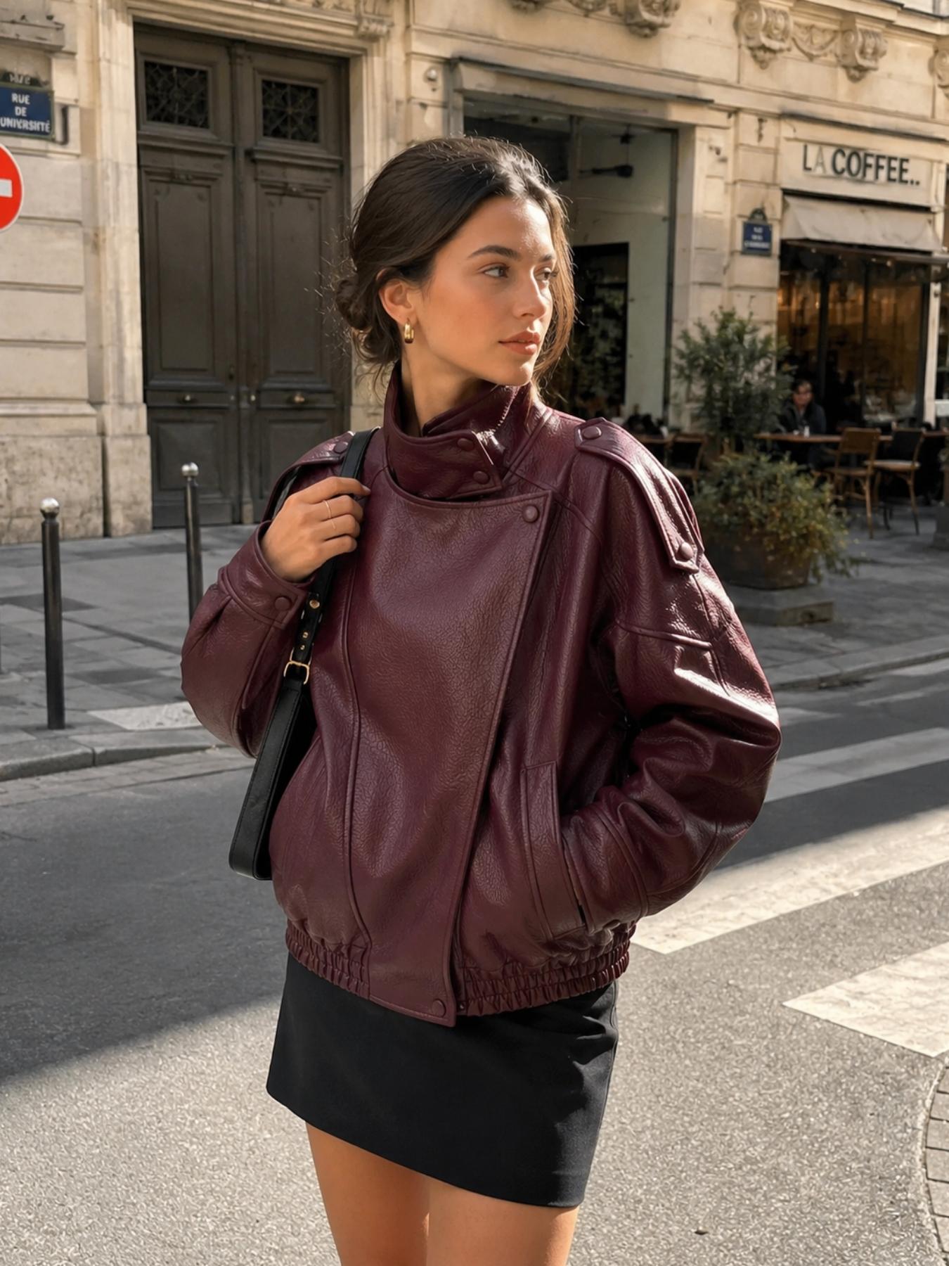 Bomb Jacket Black Faux Leather Jacket Stand Collar Oversized Moto Biker Jacket Elastic Hem Streetwear Casual Long Sleeve Waterproof Windproof Fashion Casual Outerwear for Spring & Fall, Ladies Clothes for Daily Wear