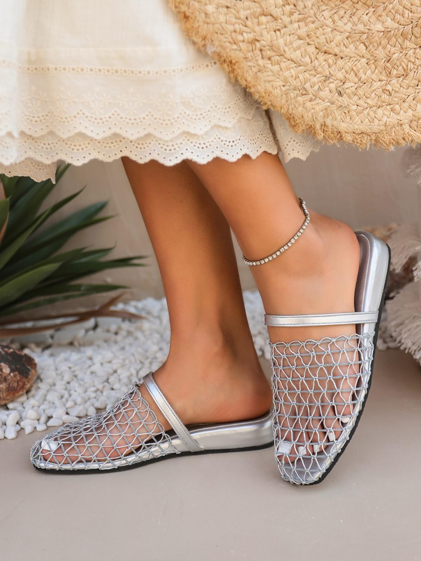 New European and American style bottom strap fishing net flat sandals, Roman shoes new hollowed out comfortable beach sandals, fashionable thick soled half slippers for women Unique Sandals