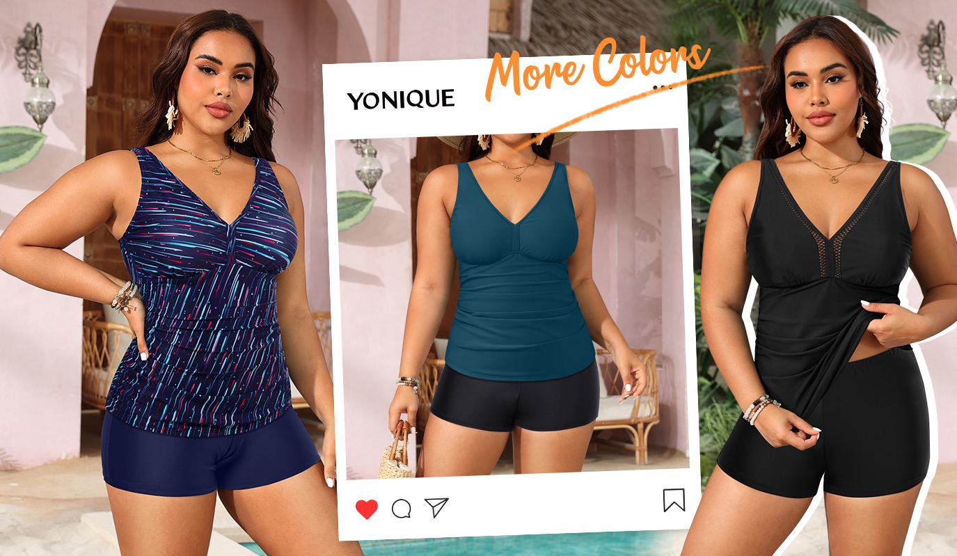 Yonique Womens Plus Size Swimsuits with Shorts Tummy Control Tankini Two Piece Bathing Suits Athletic Swimwear Plus Size Tankini with Boy Shorts High Waisted Full Coverage Swimsuit