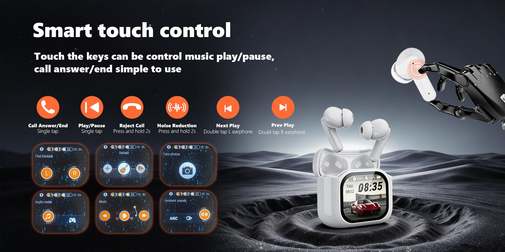 Wireless BT 5.4 Headphones,Wireless Earbuds with Touch LED Display,Hi-Fi Stereo Sound,In-Ear Earphones for Office,Sports,Study