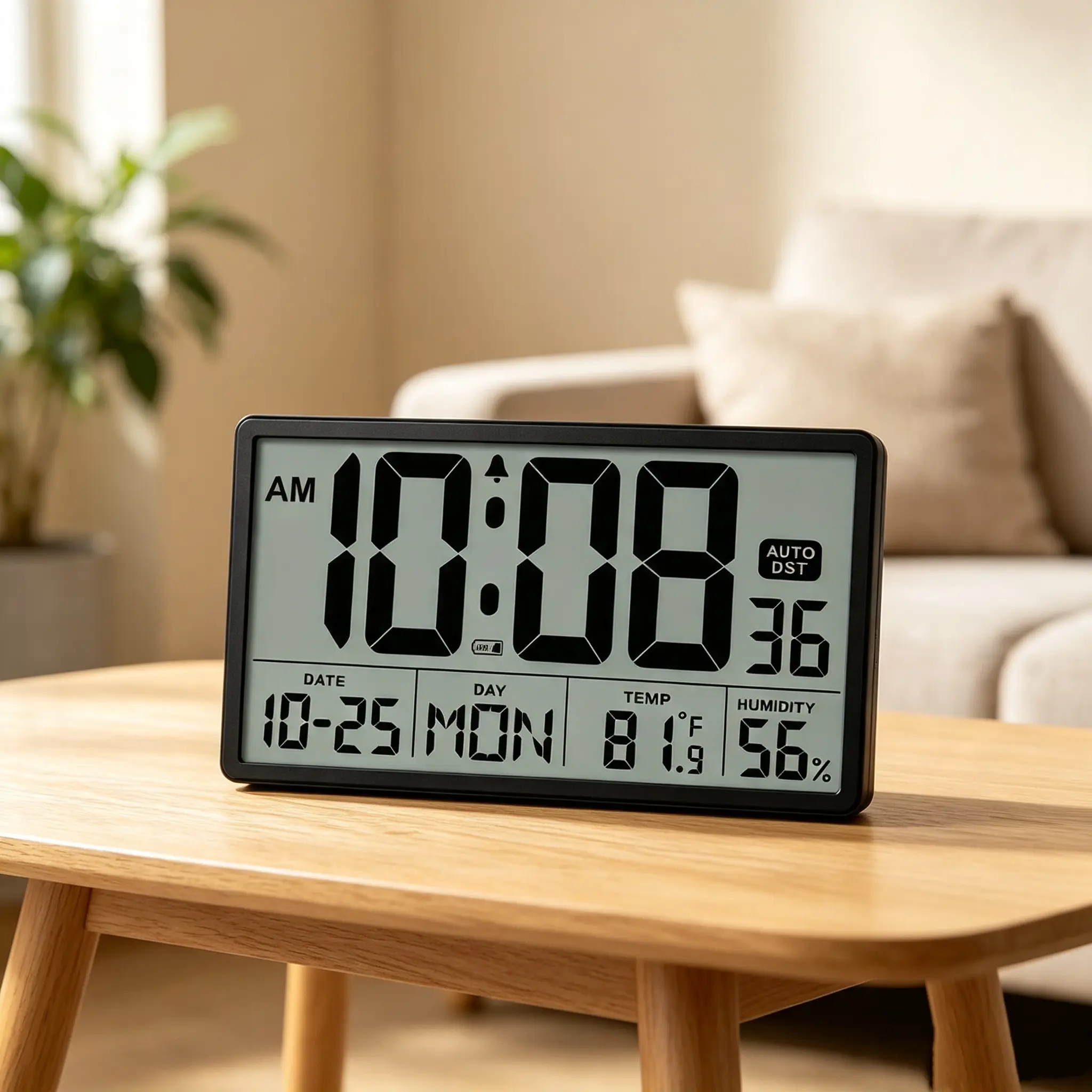8-in Plastic LED Digital Wall Clock with Large Display, Jumbo Visible LCD Numbers, Automatic DST Adjustment, Temperature & Date Display, Battery-Powered Home Decor for Office (Black/White)