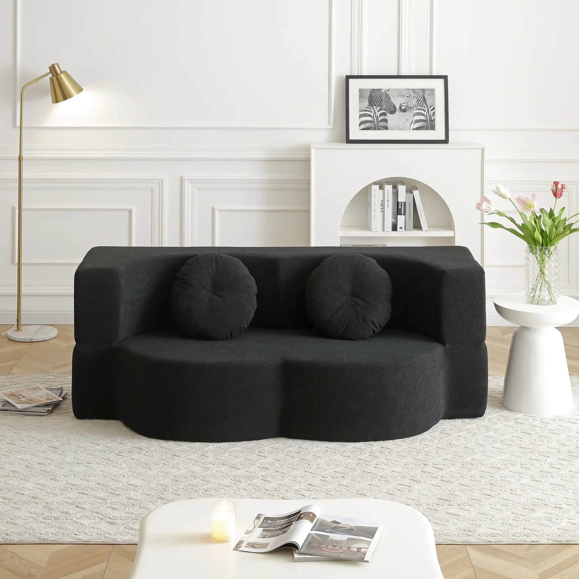 Nokaa 2-in-1 Folding Sofa Bed with Pillow, Twin Sleeper Floor Futon Loveseat Couch, Cotton Linen Foam Mattress, No Assembly, for Living Room Guest Office Apartment, Black, Color Options, Cotton Linen Material, 2 Seat Seat Count
