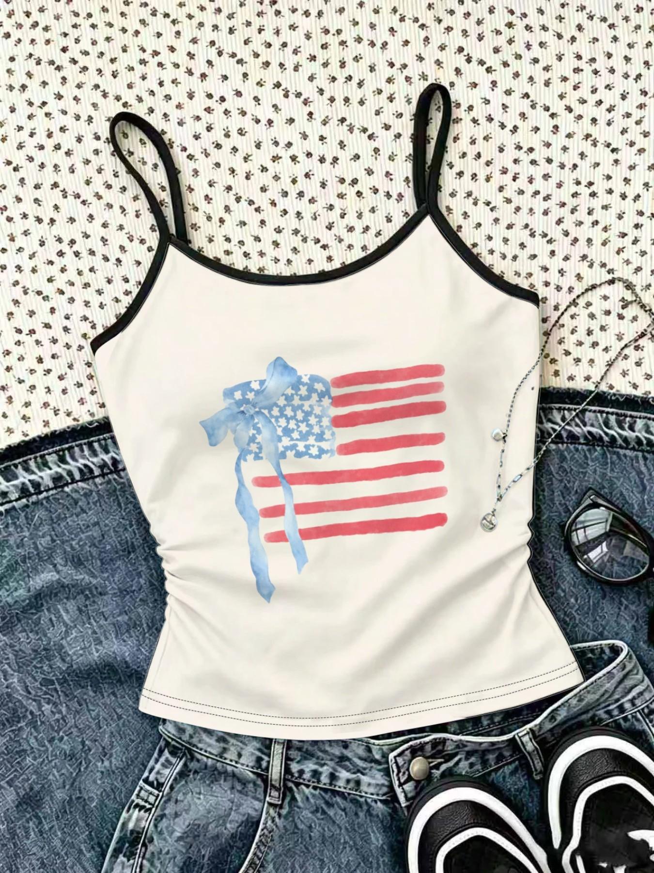 1-piece set, featuring a patriotic theme watercolor American flag blue bowknot girls' short Camisole Vest, with adjustable thin shoulder straps, girls' American Independence Day patriotic Casual Flattering Sleeveless style summer camisole shirt