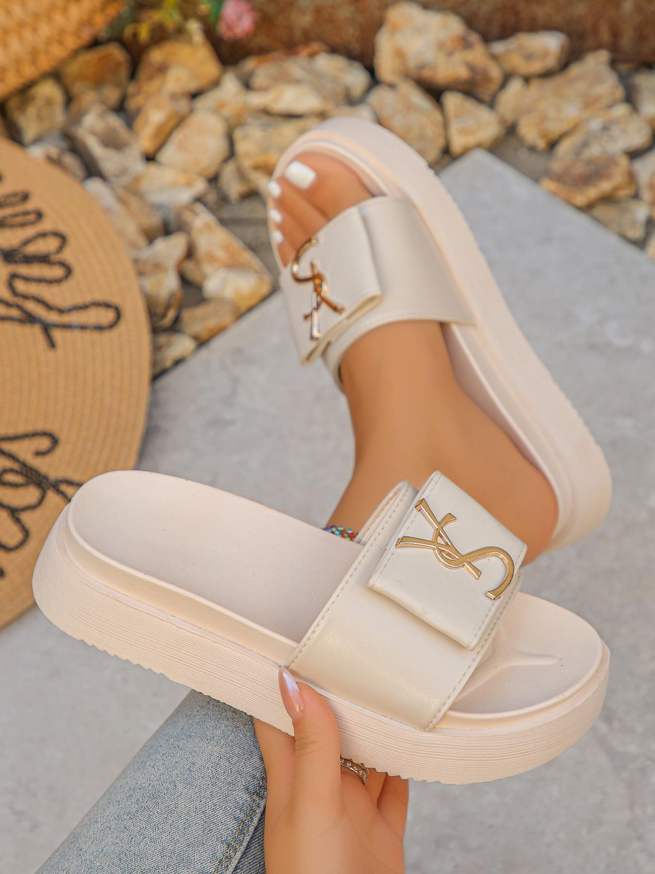 Women's Thick Sole Platform Sandals, Summer Indoor Outdoor Fashion, PU Leather, Rubber Sole, Plain Pattern, Trendy Slippers, Beach Shoes