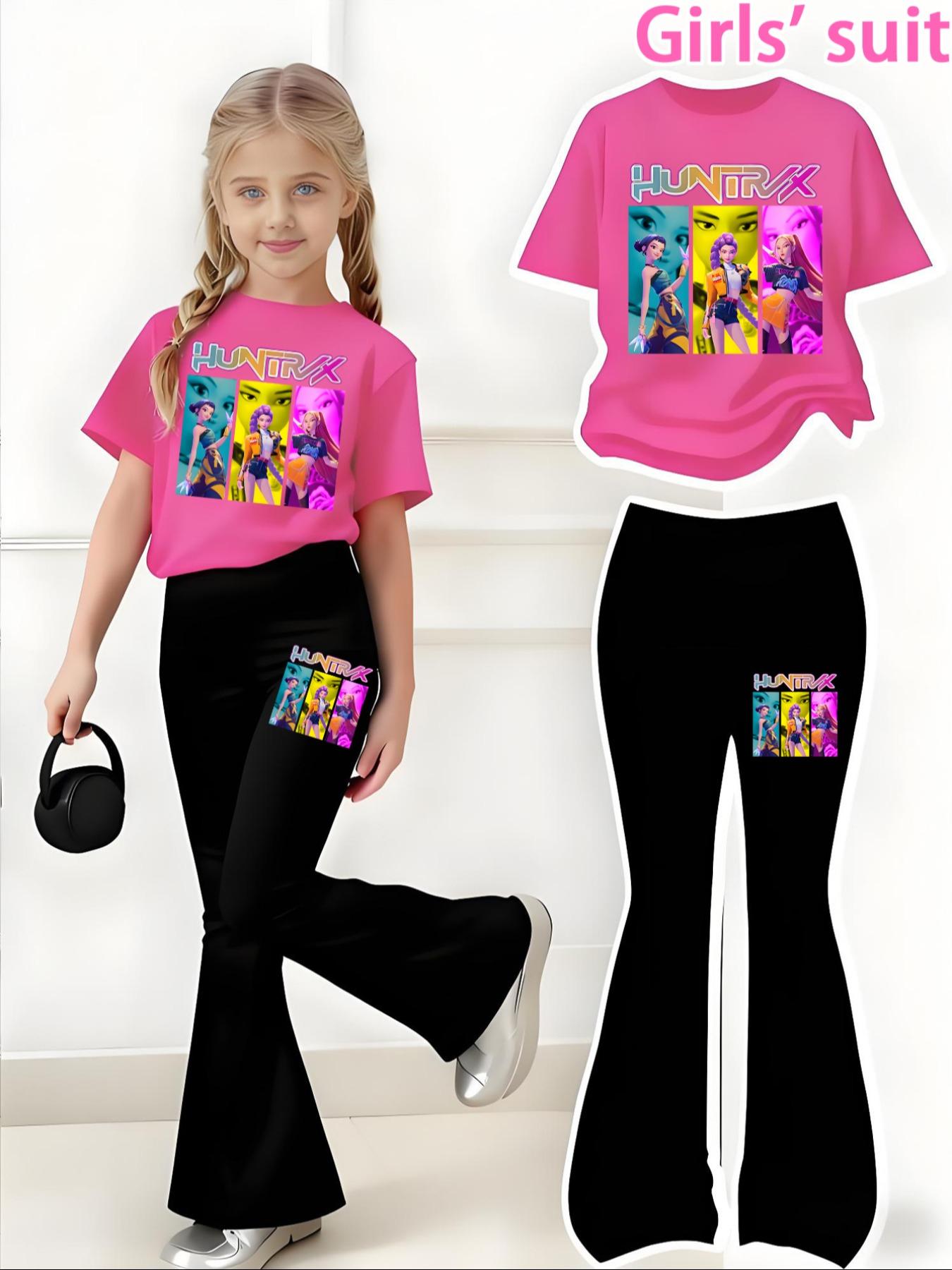 Halloween Christmas Costume Set, Witch Pattern Print 2-Piece Girls Casual Sports Short Sleeve & Bell Bottoms, Youth Trendy Sportswear, Power Girl Outfit