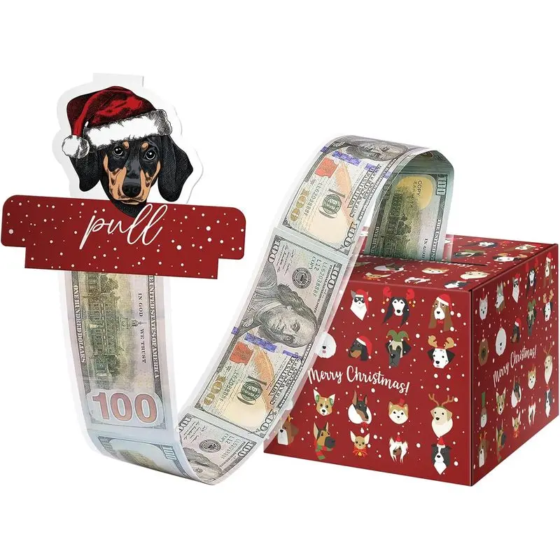 Christmas Money Pull Box with 50 Clear Bags, Red Dog Cash Gift Holder for Kids Adults Parents Couples Friends, DIY Holiday Surprise Box