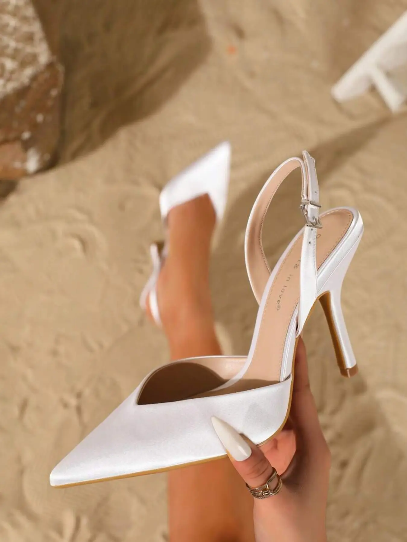 Women's Fashionable Elegant Pointed Toe White Stiletto Heel Slingback Buckle High Heels Suitable For Dress, Elegant, Women Pumps,Elegant,Party Outfits,Wedding Outfits, Exquisite Heels