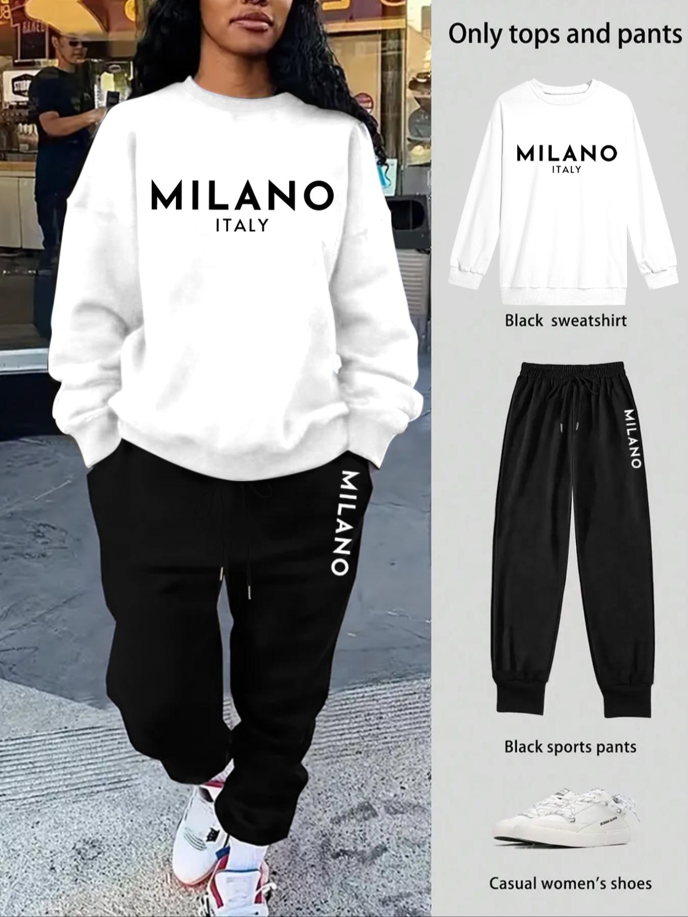 Women's 2-Piece Sweatshirt Set, Milano Letter Print, Long Sleeve Round Neck, Fitted, Drawstring Pants, Casual Fall Winter