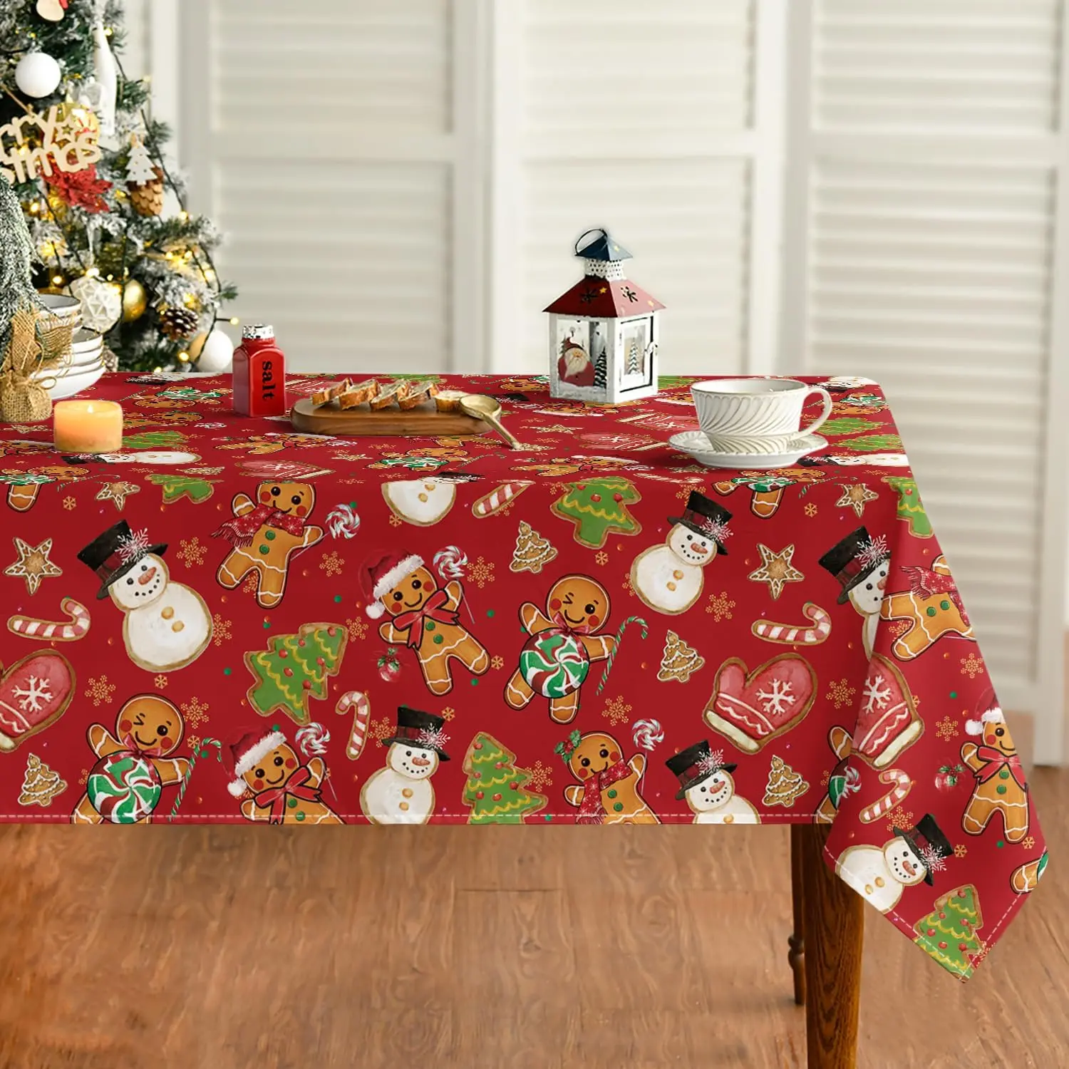Horaldaily Christmas Print Tablecloth, 60x84 Inch Rectangular Colorful Gingerbread Man-Red Glove Trees Snowman Design, Washable Kitchen Table Cover for Party Dinner Decoration