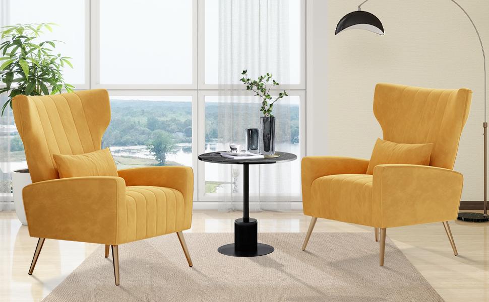 Velvet Accent Chair Wingback for Living Room, High Back Arm Chair with Golden Legs Lumbar Pillow, Upholstered Single Sofa Bedroom Beige Velvet Accent Chair Wingback for Living Room, High Back Arm Chair with Golden Legs Lumbar Pillow, Upholstered Single Sofa Bedroom Beige