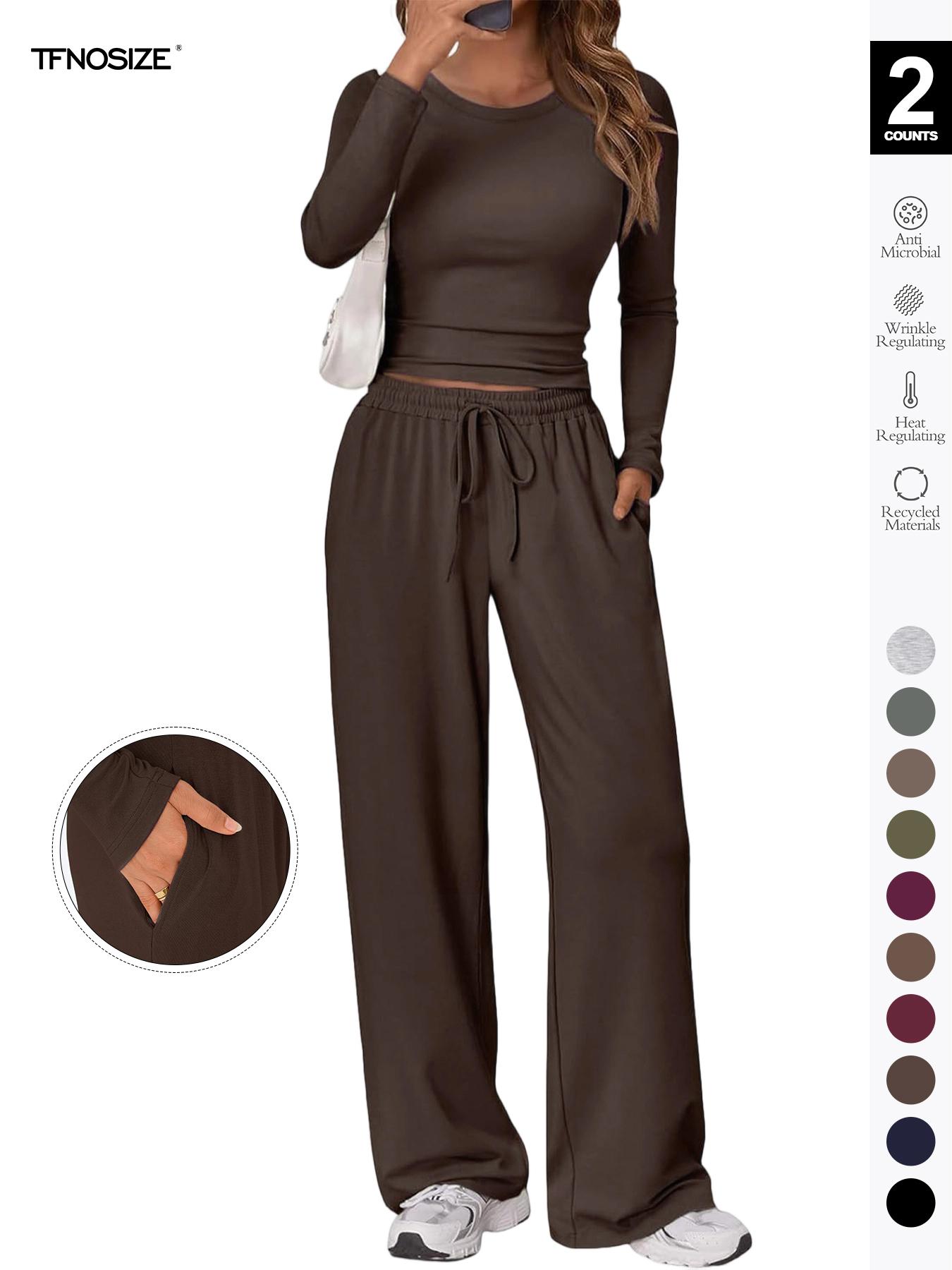 Women's 2-Piece Matching Lounge Set, Long Sleeve Slightly Cropped Top & Wide Leg Pants, Casual Sweatsuit for Fall & Winter