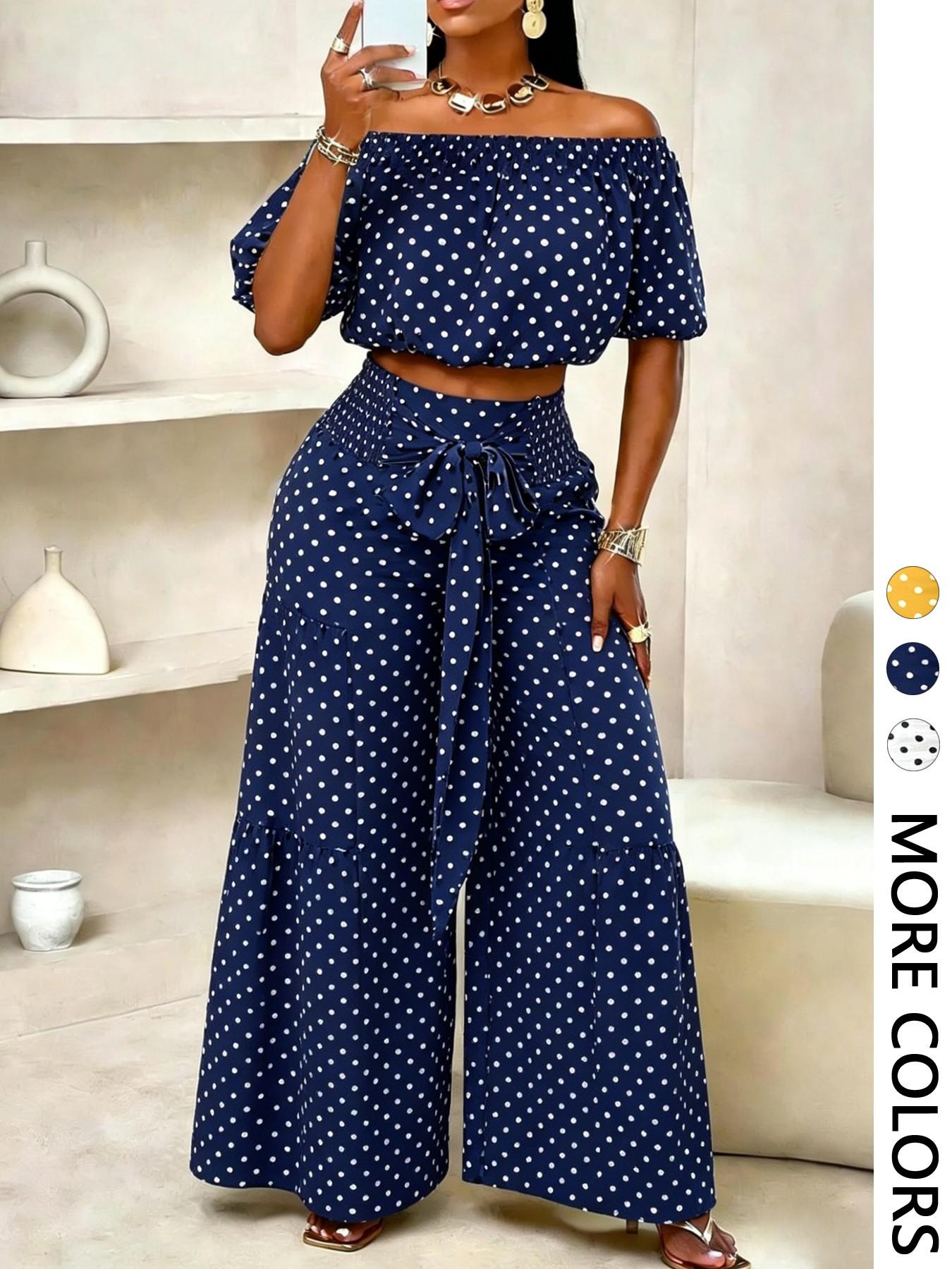 Summer Beach Vacation Bow Shoulderless Round Neck Shirt Wide Leg Pants Set, Casual Loose-Fitting, Women's Fashion, Womenswear Summer Beach Vacation Bow Shoulderless Round Neck Shirt Wide Leg Pants Set, Casual Loose-Fitting, Women's Fashion, Womenswear