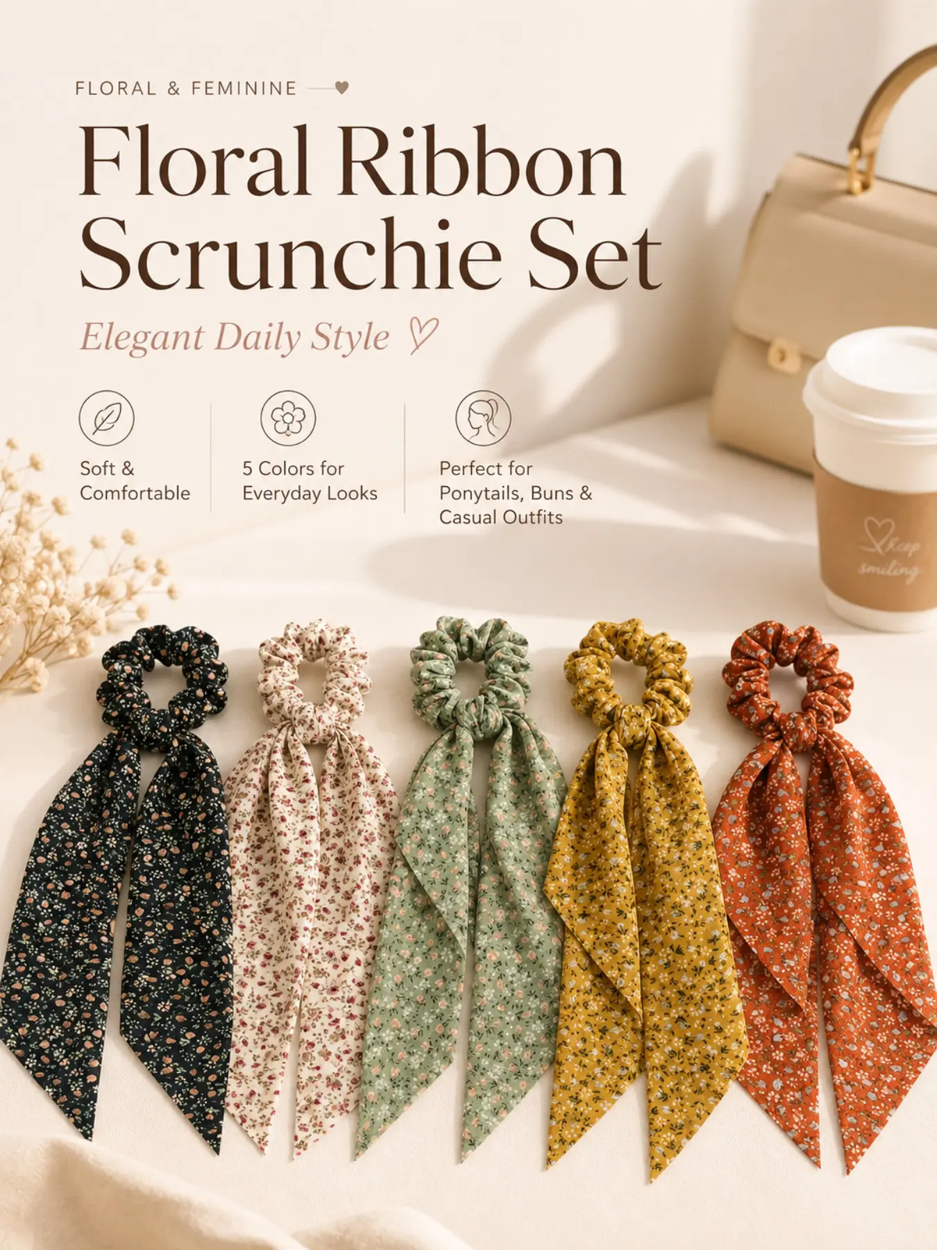 5Pcs Floral Print Fabric Scrunchies with Long Ribbon, Sweet Elegant Flower Hair Ties, Cute Hair Ties, Soft Cloth Ponytail Bun Hair Accessories for Women Daily Travel Vacation