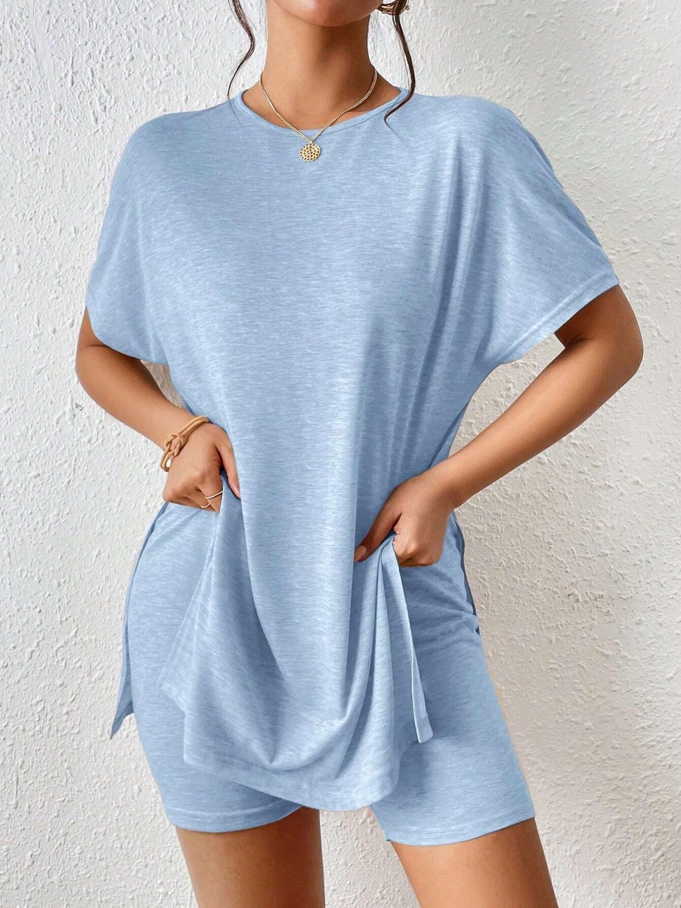 Women's Summer Casual Set, Batwing Sleeve Round Neck Top and Shorts, Plain Color, Comfortable Daily Wear, Trendy Youth Fashion, Womenswear