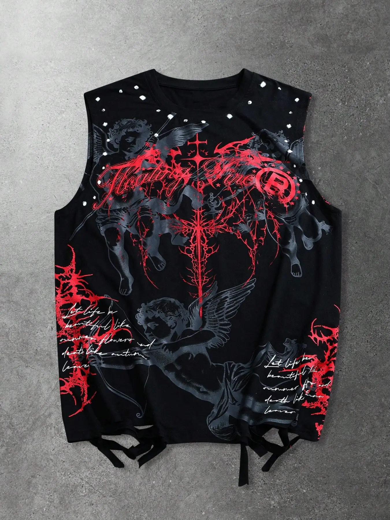 Dark gothic angel cross-print graphic sleeveless vest, red-tone Cupid of Thorns print pattern, loose shoulder vest style, same style for men and women.