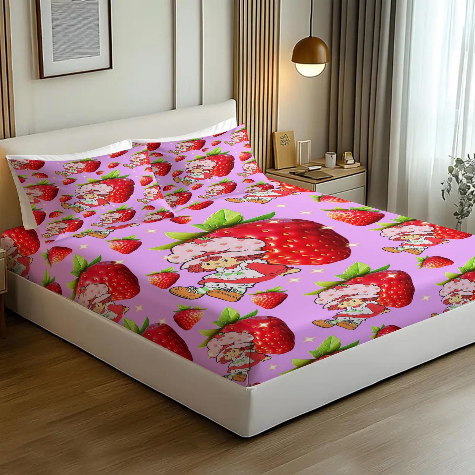 Sparkle Strawberry Shortcake Fitted Sheet Set, 3 Pcs Ultra Soft Wrinkle Resistant Bed Sheets with 360° Snug Fit, Pink Kawaii Strawberry Print Fitted Sheet for Kids Bedroom, Full Size