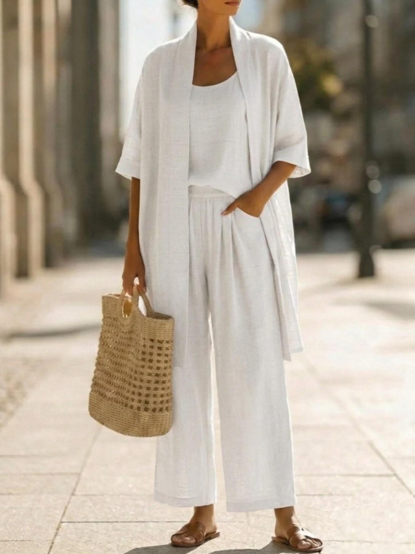 Minimalist Linen-Cotton Three-Piece Set, Comfortable Everyday Wear, Ideal for Casual, Soft and Breathable Fabric