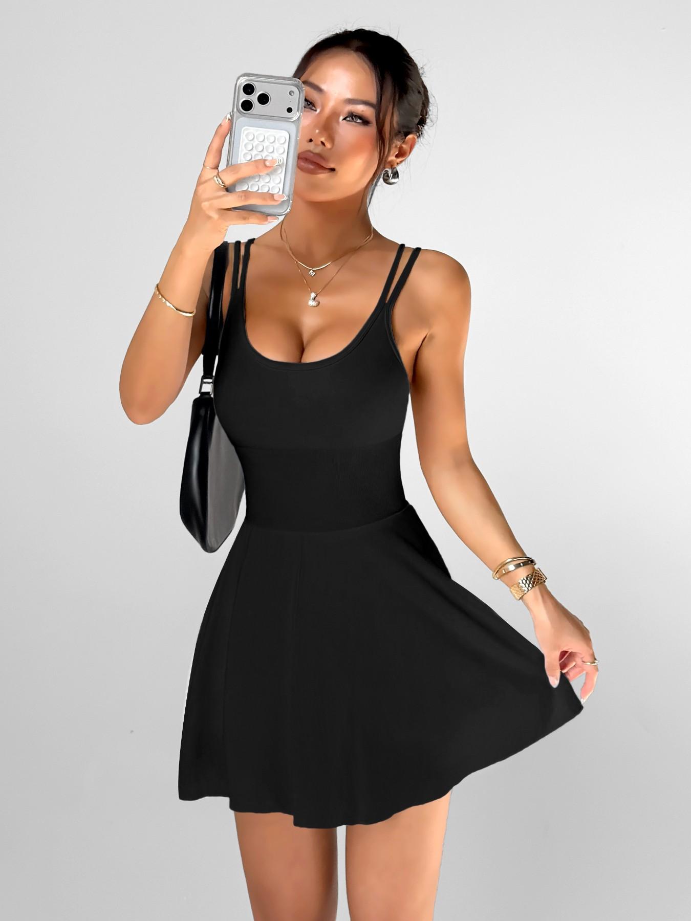 Multi-Functional Women's Sport Dress Criss Cross Back Design, Removable Padding, Anti-See Through Yoga Skirt with Shorts, Backless Sports Dress