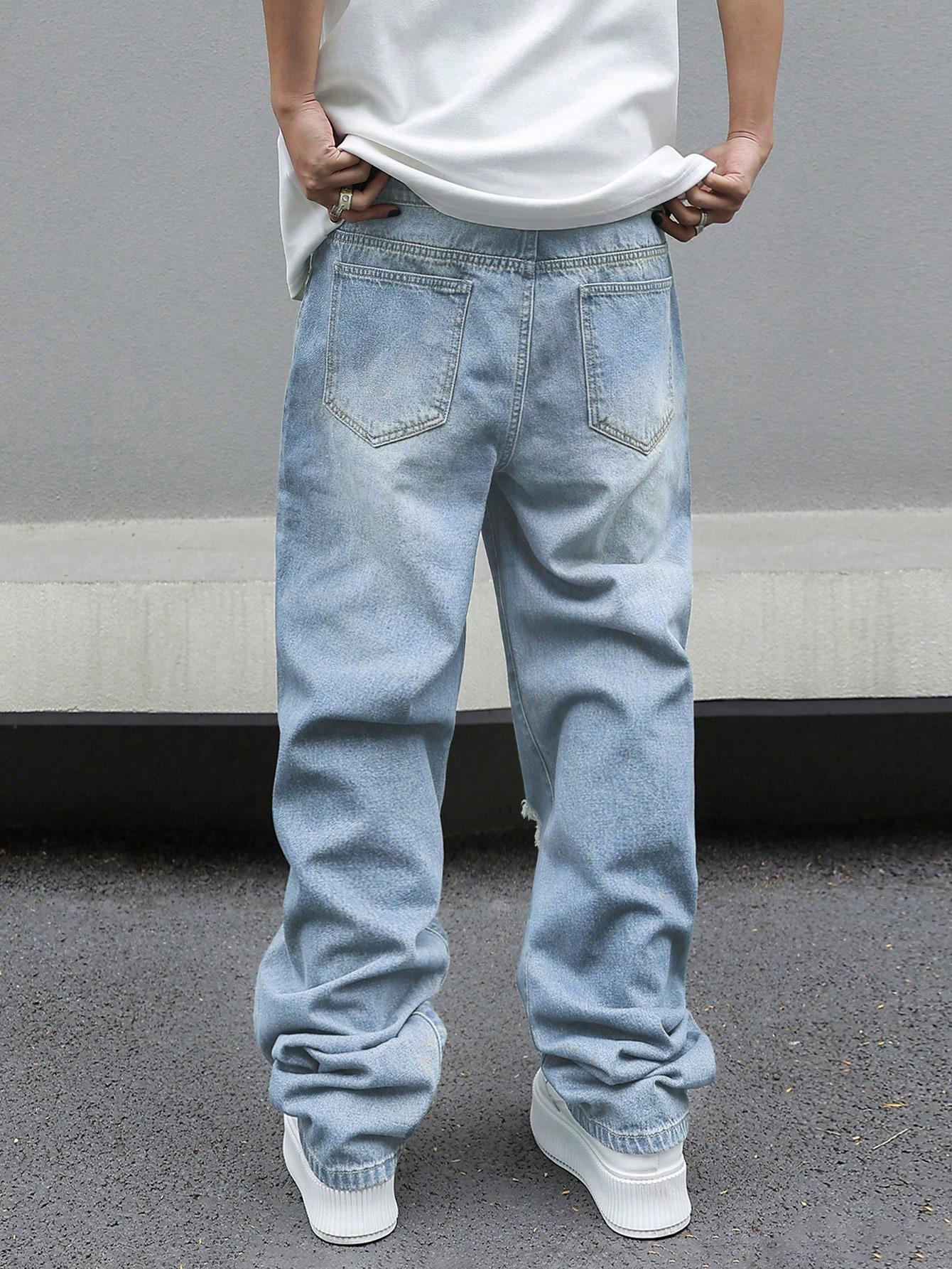 Men's Trendy Loose Fit Denim Jeans, American Vintage Ripped Casual Wide Leg Flared Jeans, Spring Summer 2026 Fashion